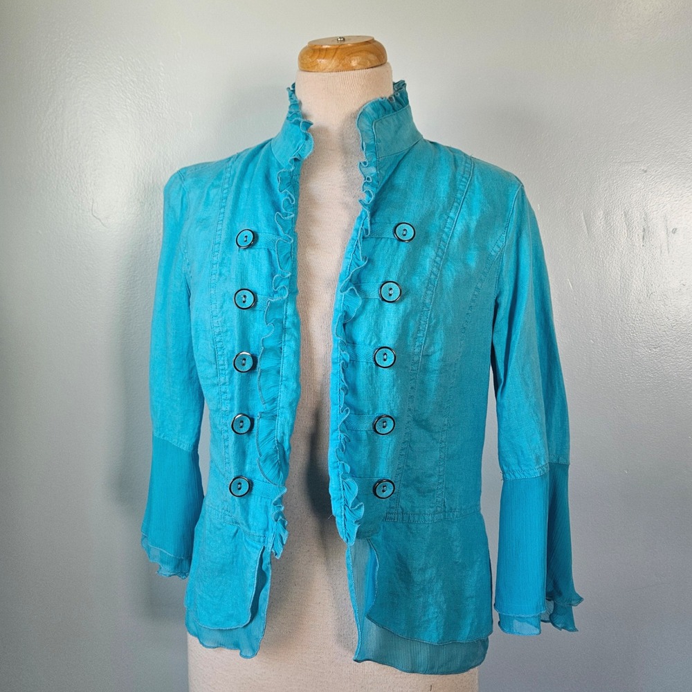 Multiples Y2K Turquoise Linen Ruffle Military Jacket Bell Sleeve Blue Medium
